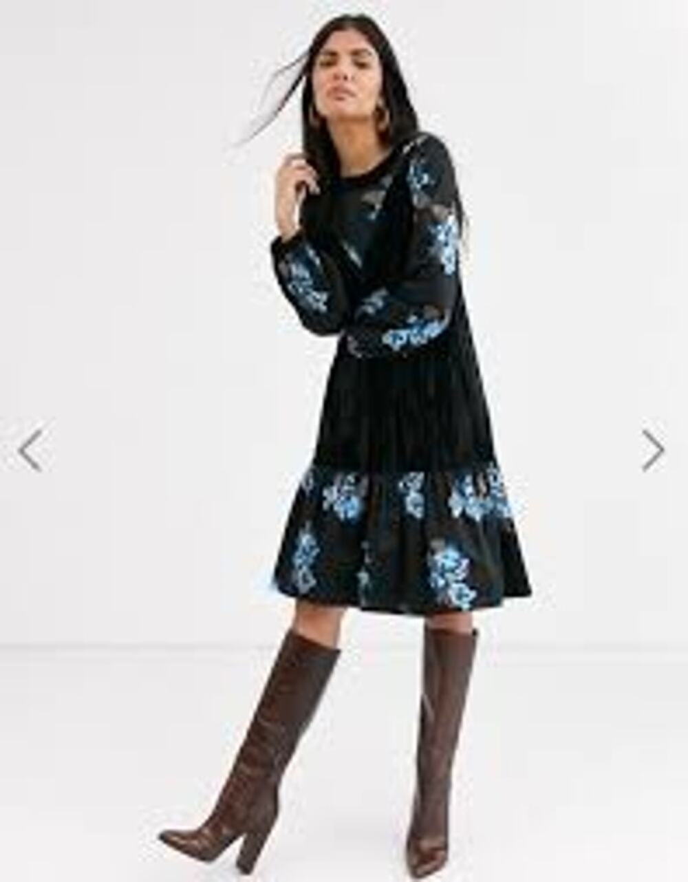 NWT Lost Ink US 16 black velvet dress with a blue and brown floral pattern